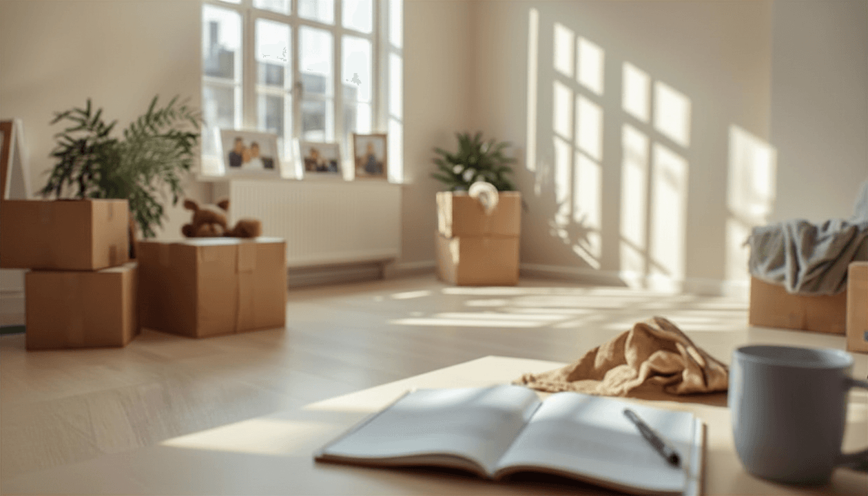 A sunlit room with moving boxes, open notebook, and family photos — the beginning of a new chapter